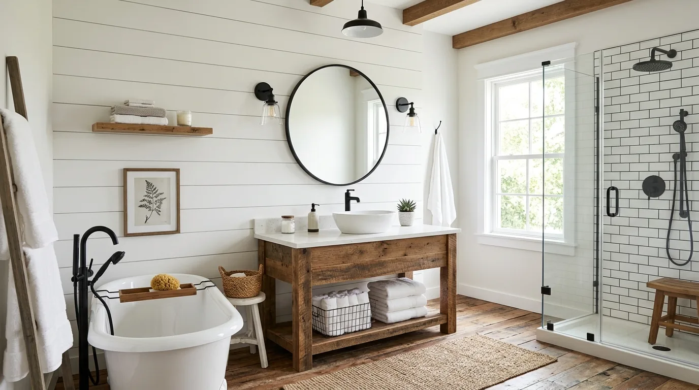 Modern farmhouse bathroom with rustic wood, warm metals, and classic tile.